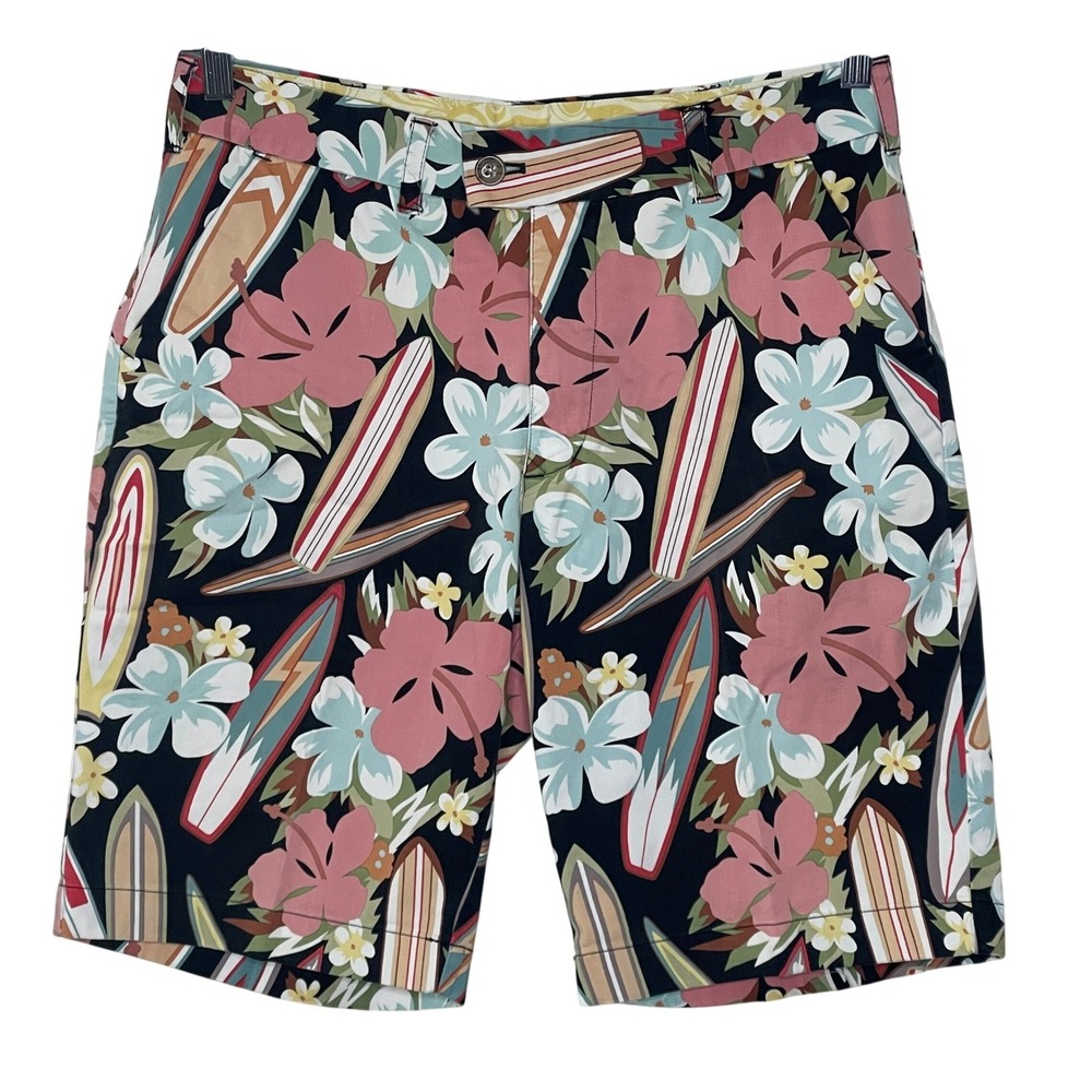 Loudmouth Mens Size 32 Surfboard Hibiscus Floral Tropical Flat Front Shorts Navy